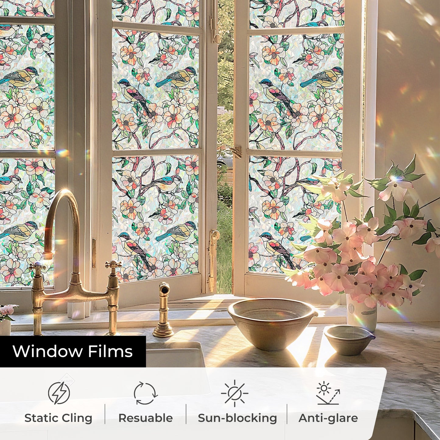 ADD.HERES Blooms & Birds Paradise 3D Stained Glass Window Film