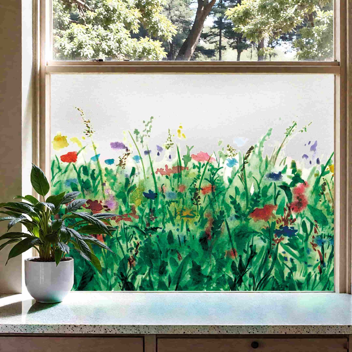 ADD.HERES Colorful Flower Field 3D Stained Glass Window Film Static Cling