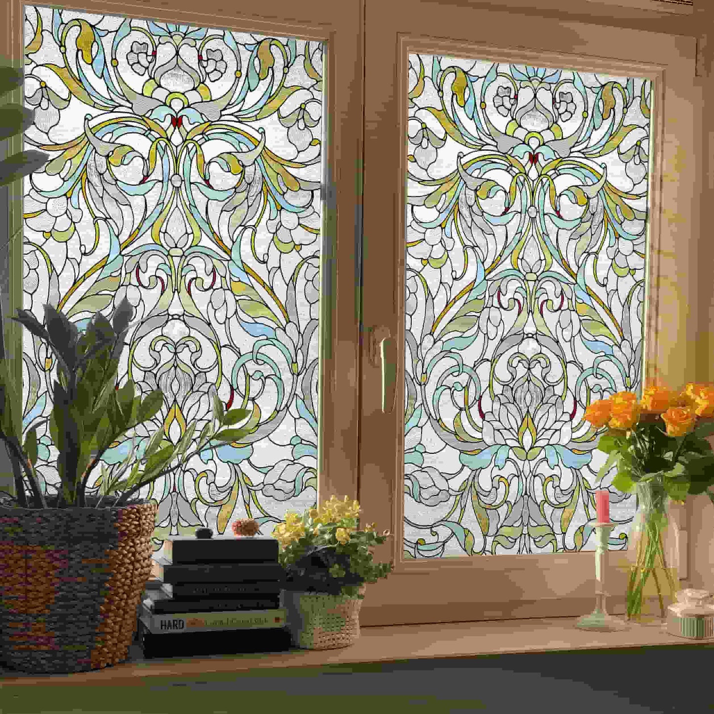 ADD.HERES Floral Path 3D Stained Glass Window Film Static Cling