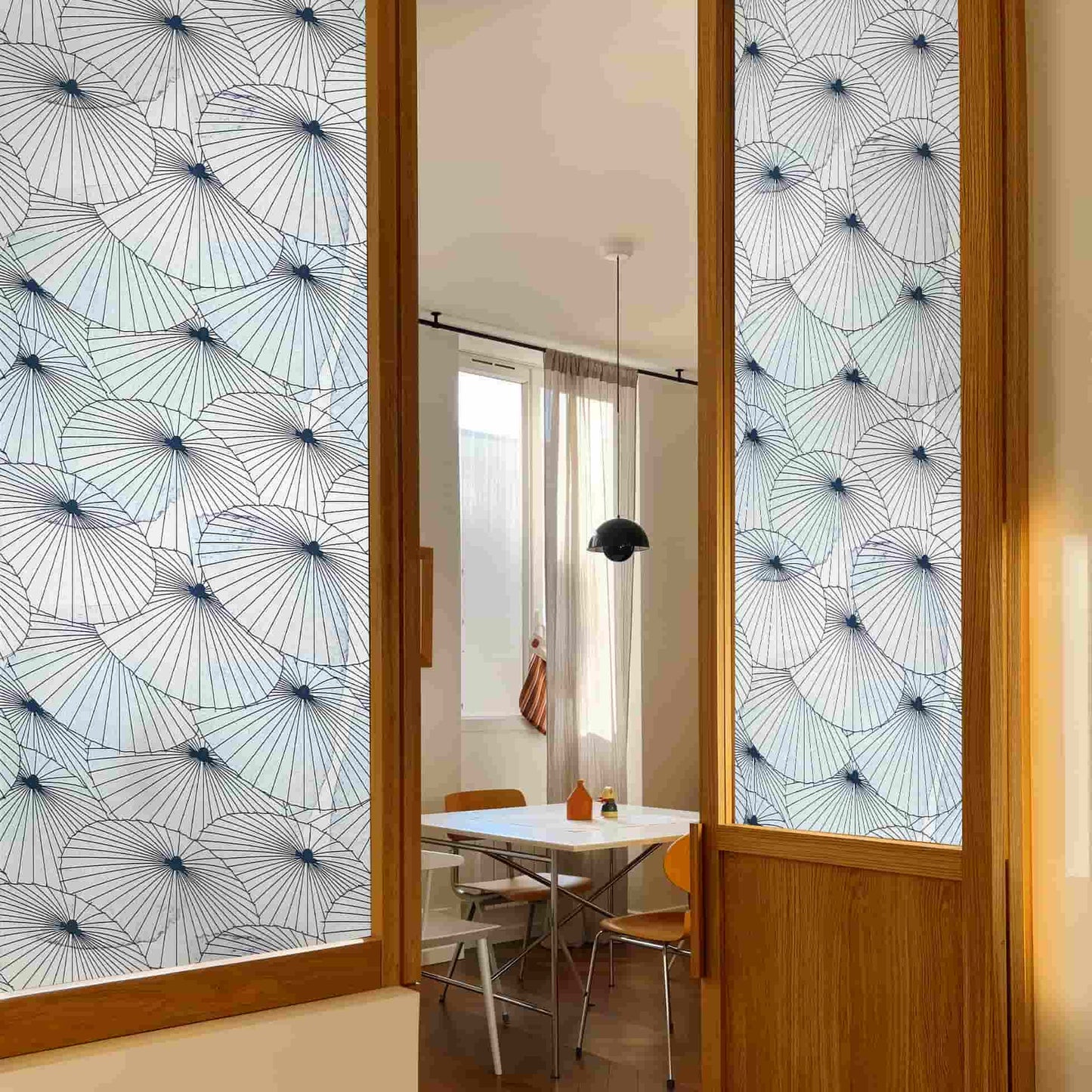 Paper Umbrella 3D Stained Glass Window Film: Blue & white dandelion privacy film for French doors.