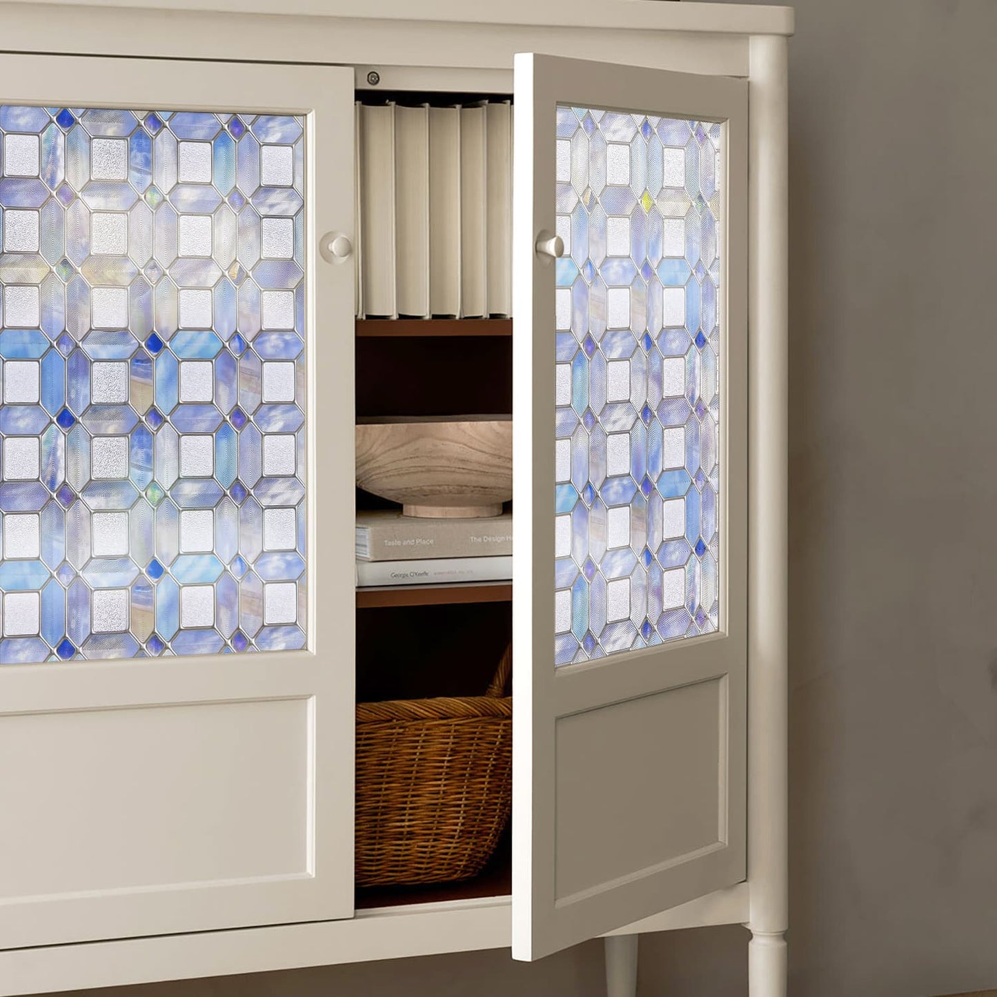 Tanzanite 3D Stained Glass Window Film - Iridescent blue & purple mosaic privacy film for cabinet doors & furniture.