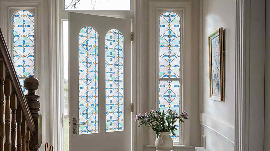 Stained glass window film on front door glass
