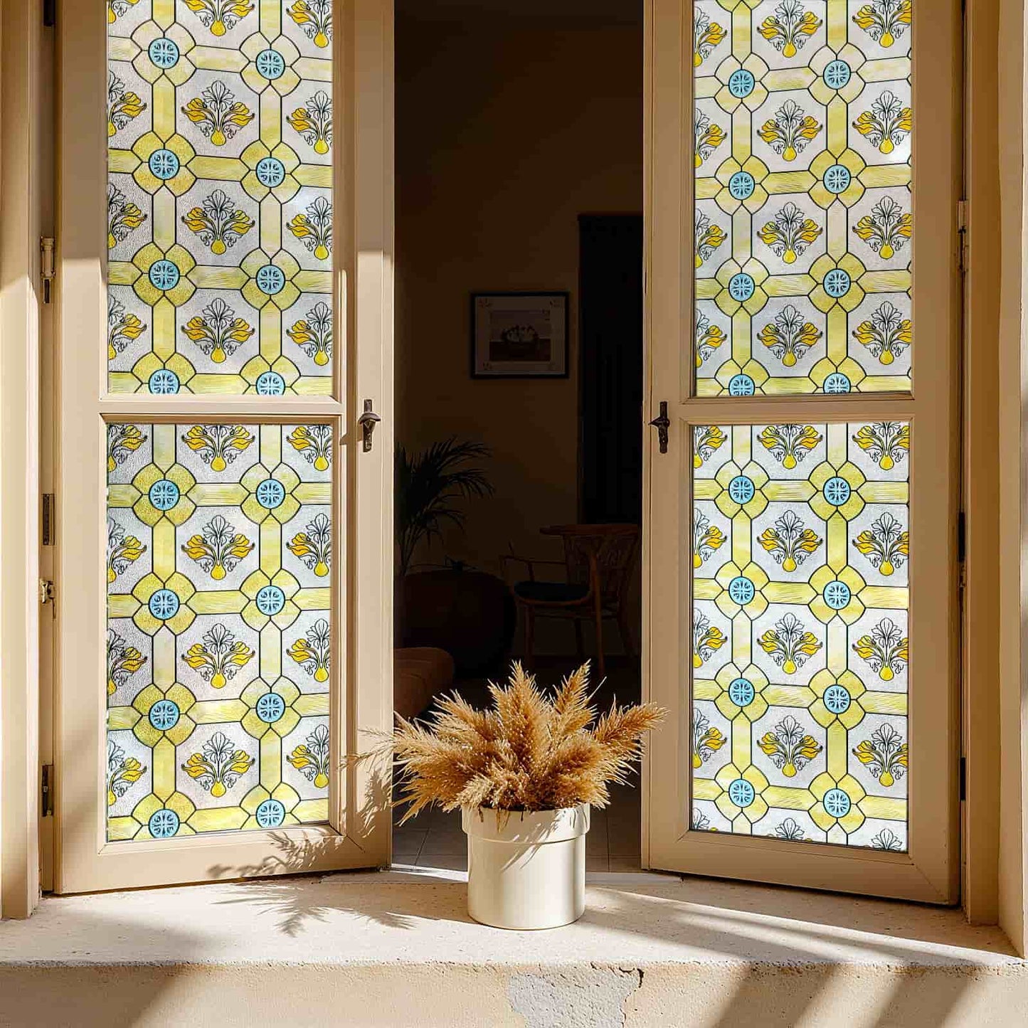 ADD.HERES Gilt Glazed Flowers 3D Stained Glass Window Film Static Cling