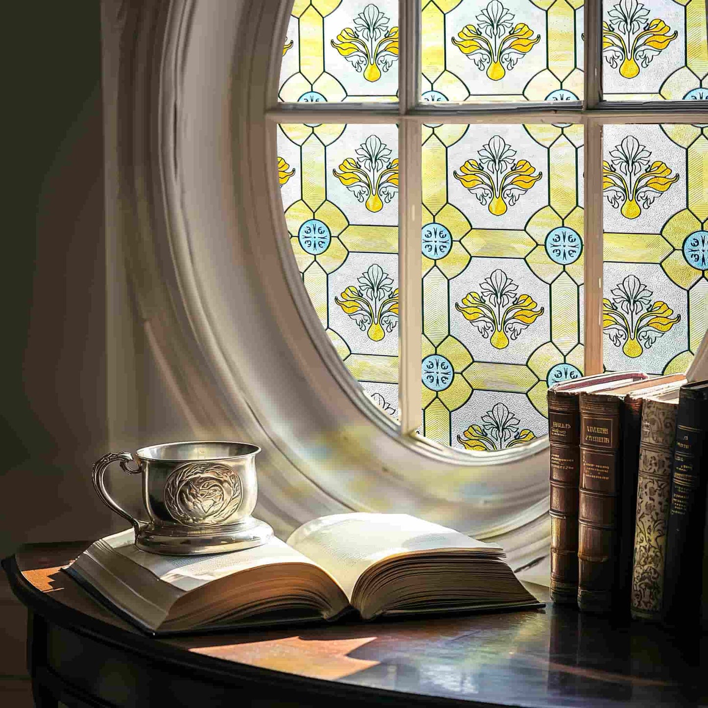 ADD.HERES Gilt Glazed Flowers 3D Stained Glass Window Film Static Cling