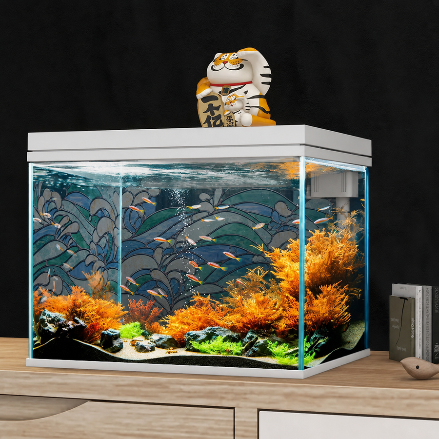 Aquarium exterior glass with decorative film accent