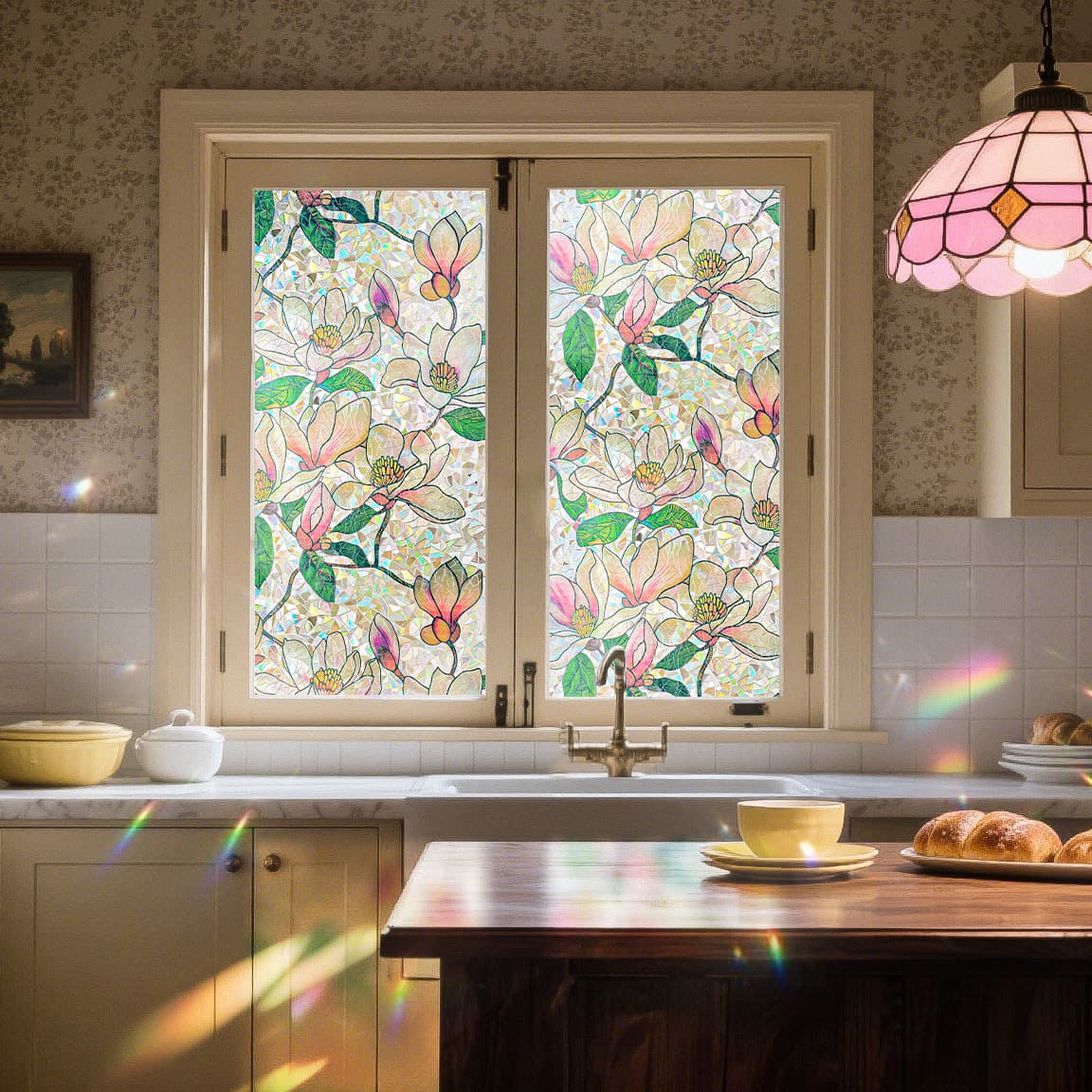 ADD.HERES Pink Magnolia 3D Stained Glass Window Film Static Cling