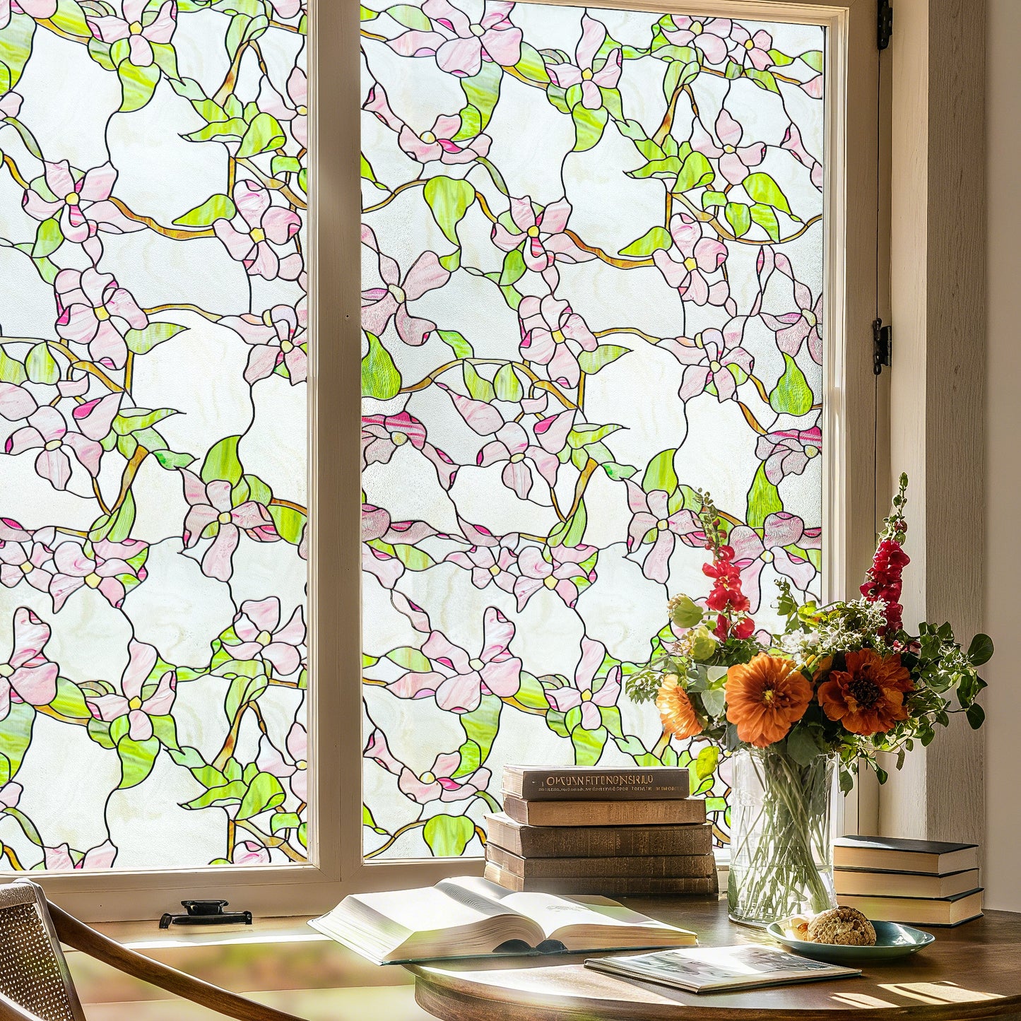 ADD.HERES Pink sprigs 3D Stained Glass Window Film Static Cling