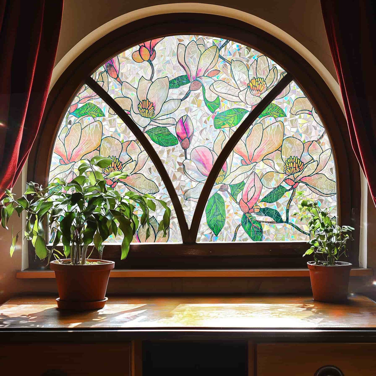 ADD.HERES Pink Magnolia 3D Stained Glass Window Film Static Cling