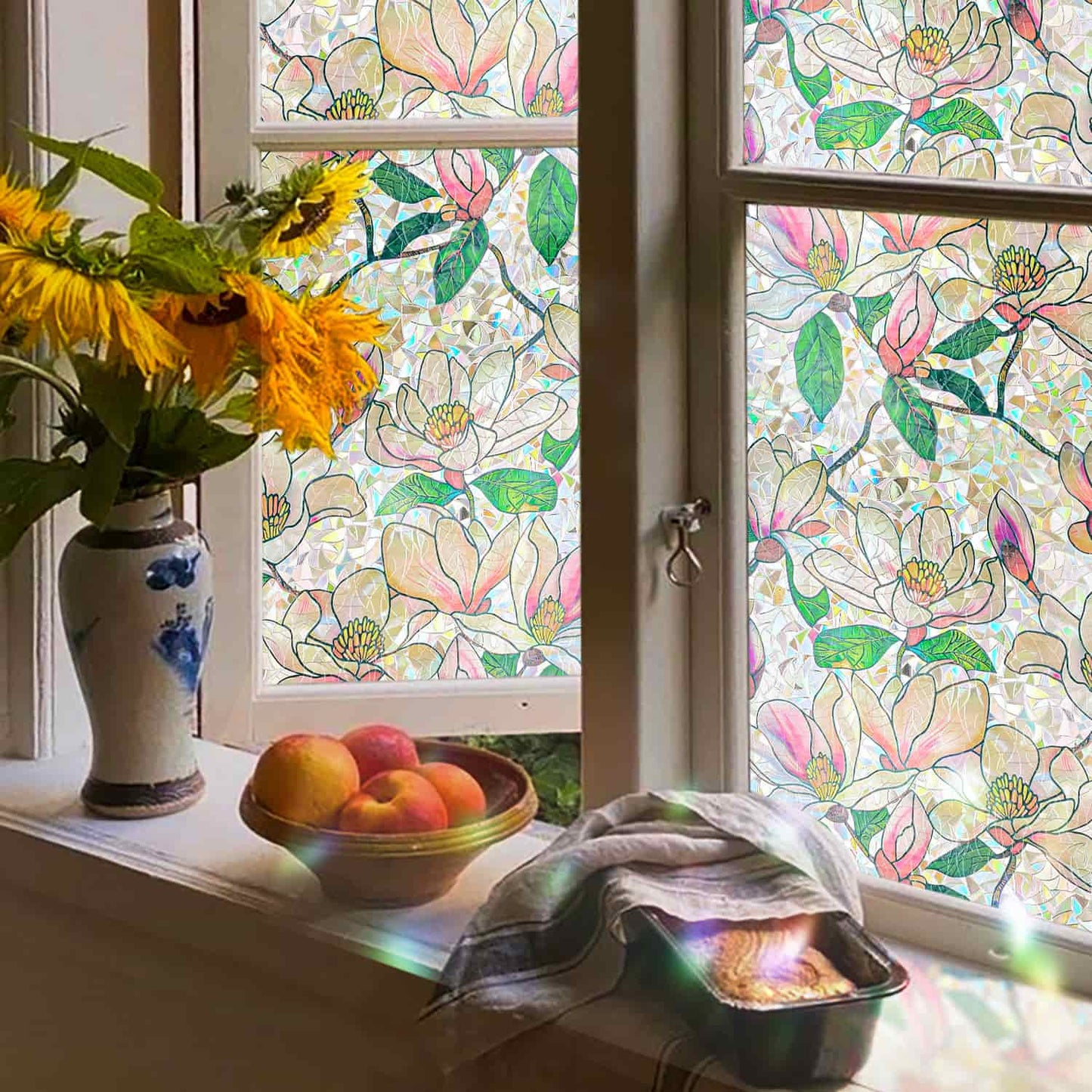 ADD.HERES Pink Magnolia 3D Stained Glass Window Film Static Cling
