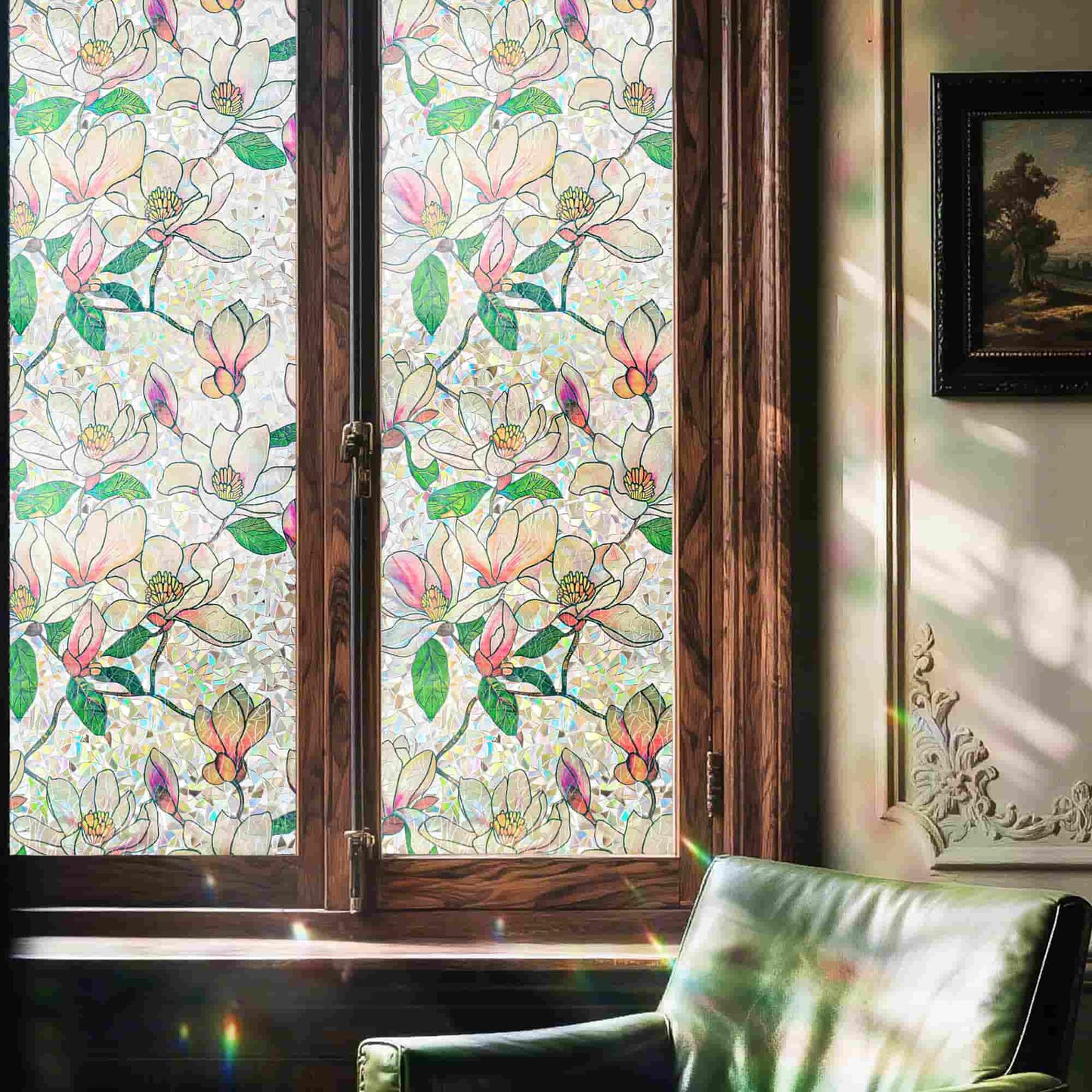 ADD.HERES Pink Magnolia 3D Stained Glass Window Film Static Cling