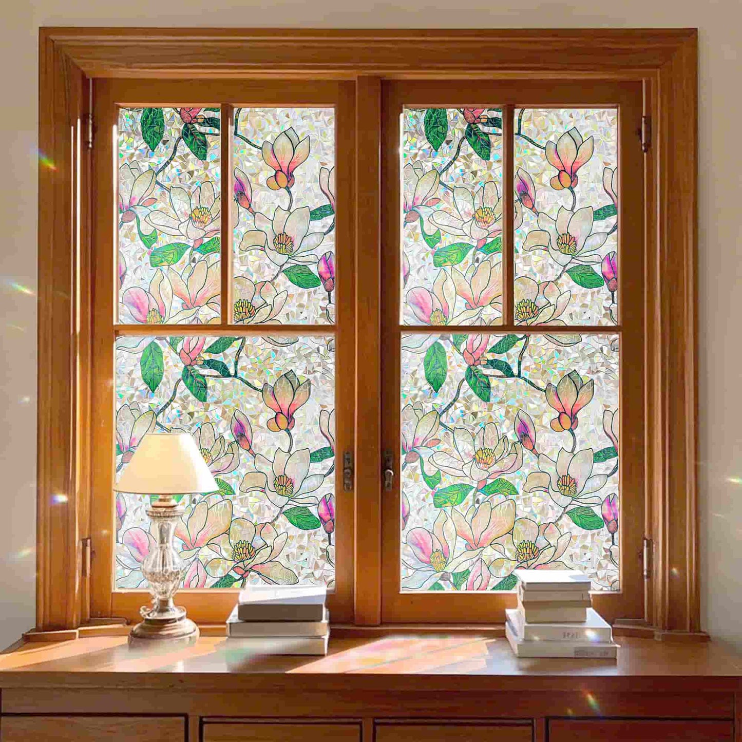 ADD.HERES Pink Magnolia 3D Stained Glass Window Film Static Cling