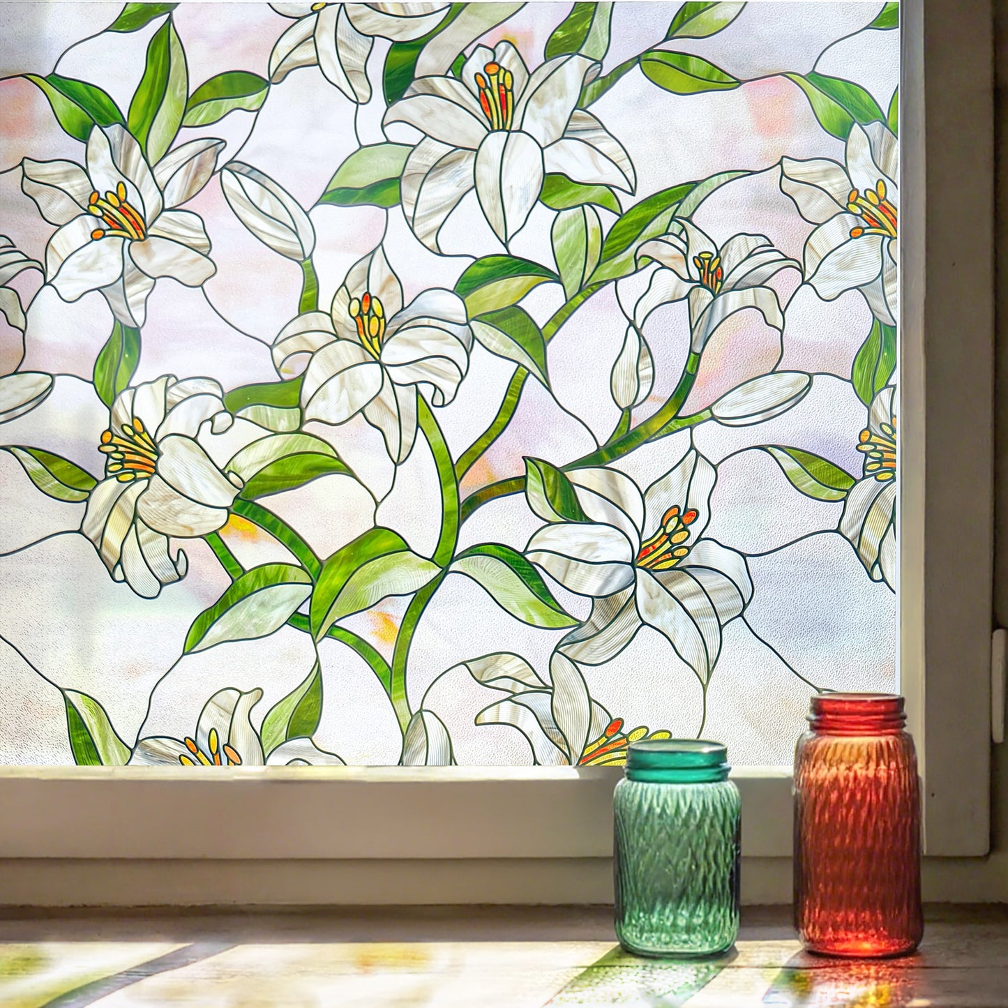 ADD.HERES White Lily 3D Stained Glass Window Film Static Cling
