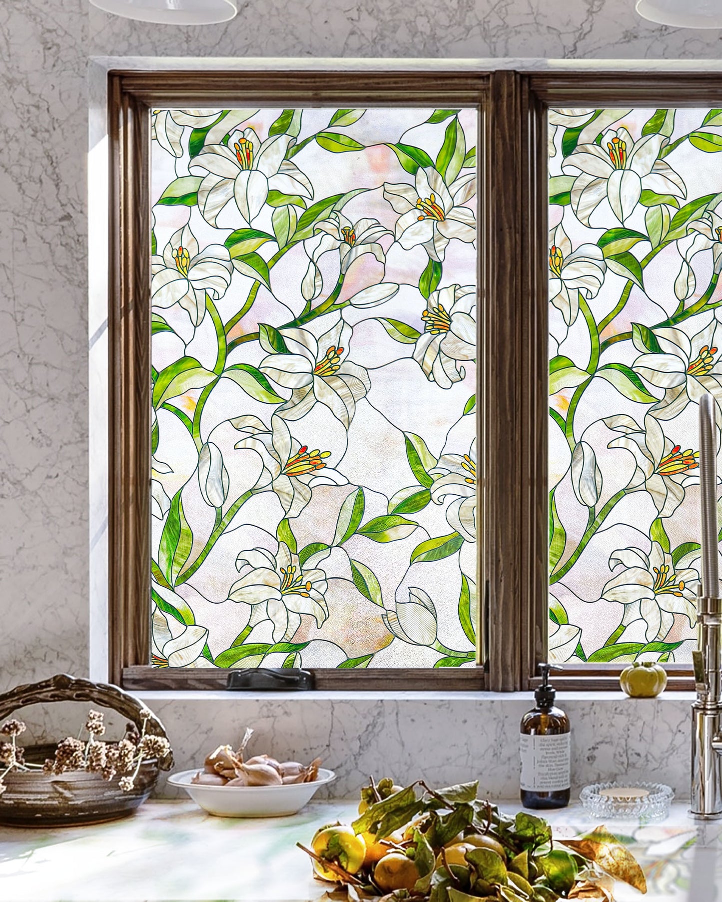 ADD.HERES White Lily 3D Stained Glass Window Film Static Cling