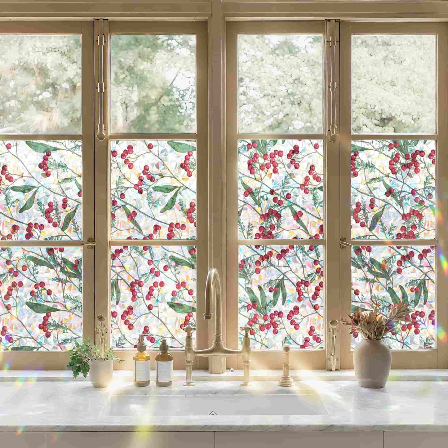 ADD.HERES Winter Berries 3D Stained Glass Window Film Static Cling