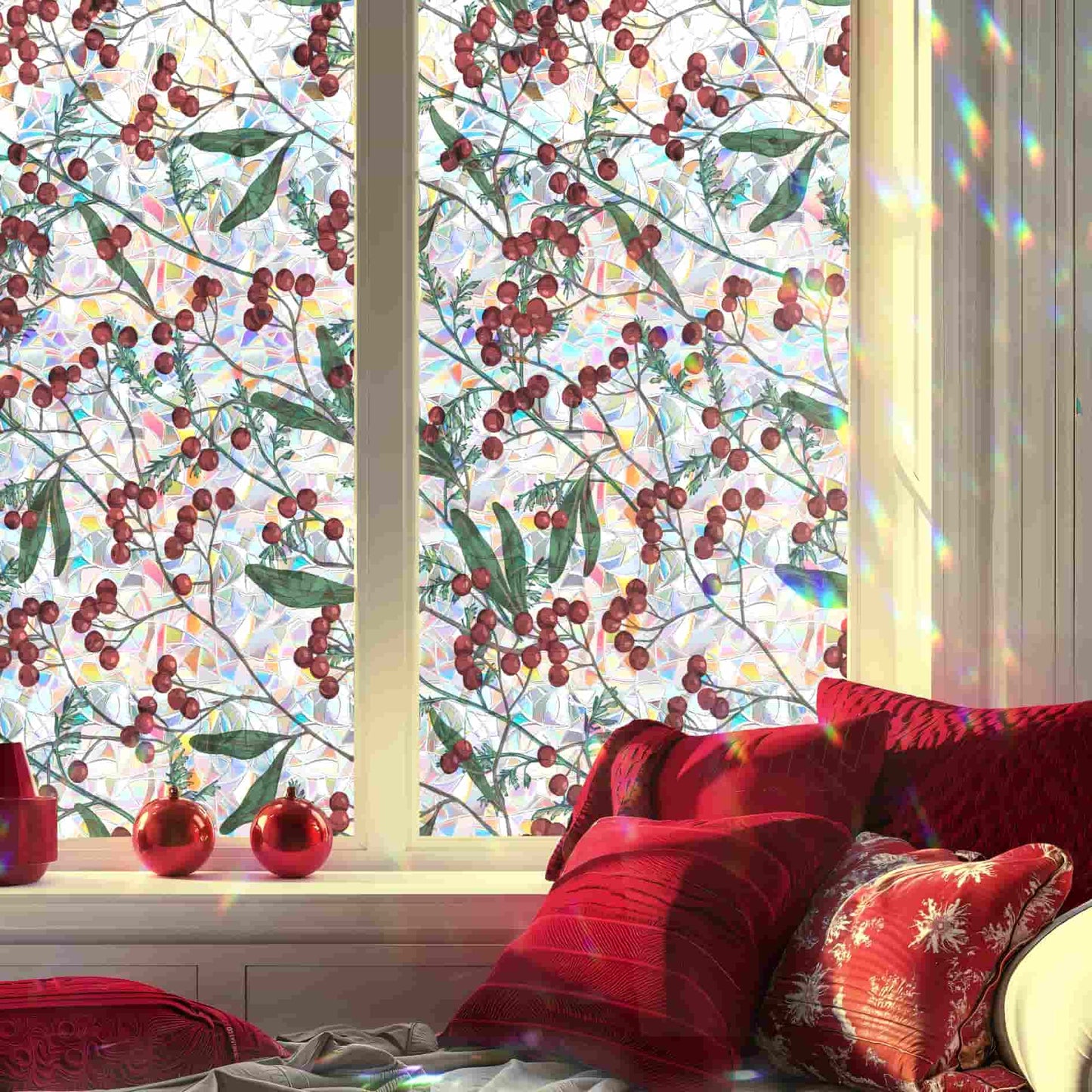 ADD.HERES Winter Berries 3D Stained Glass Window Film Static Cling