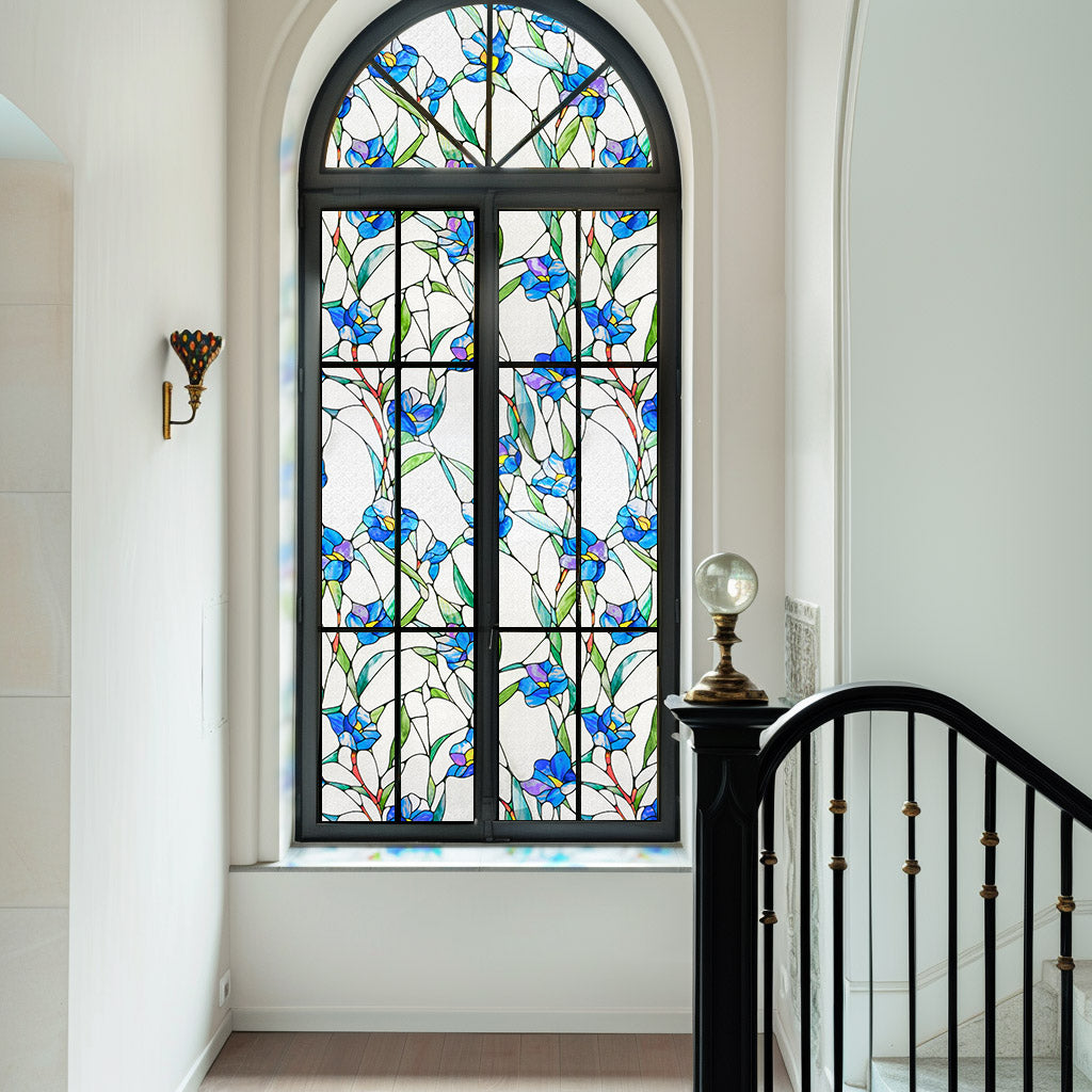 ADD.HERES Blue Eustoma 3D Stained Glass Window Film Static Cling