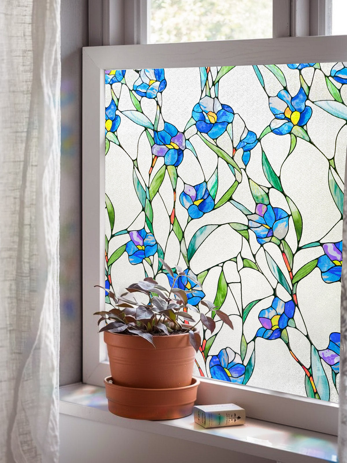 ADD.HERES Blue Eustoma 3D Stained Glass Window Film Static Cling