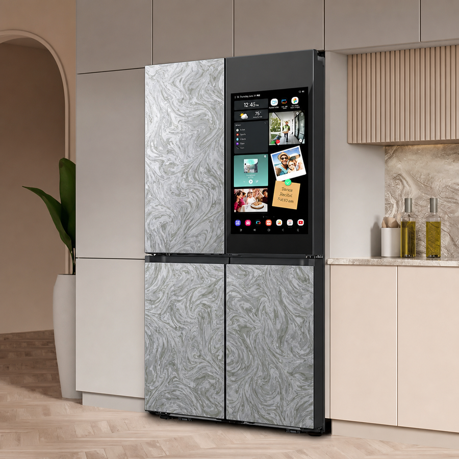 Smooth refrigerator door with small decorative film accent