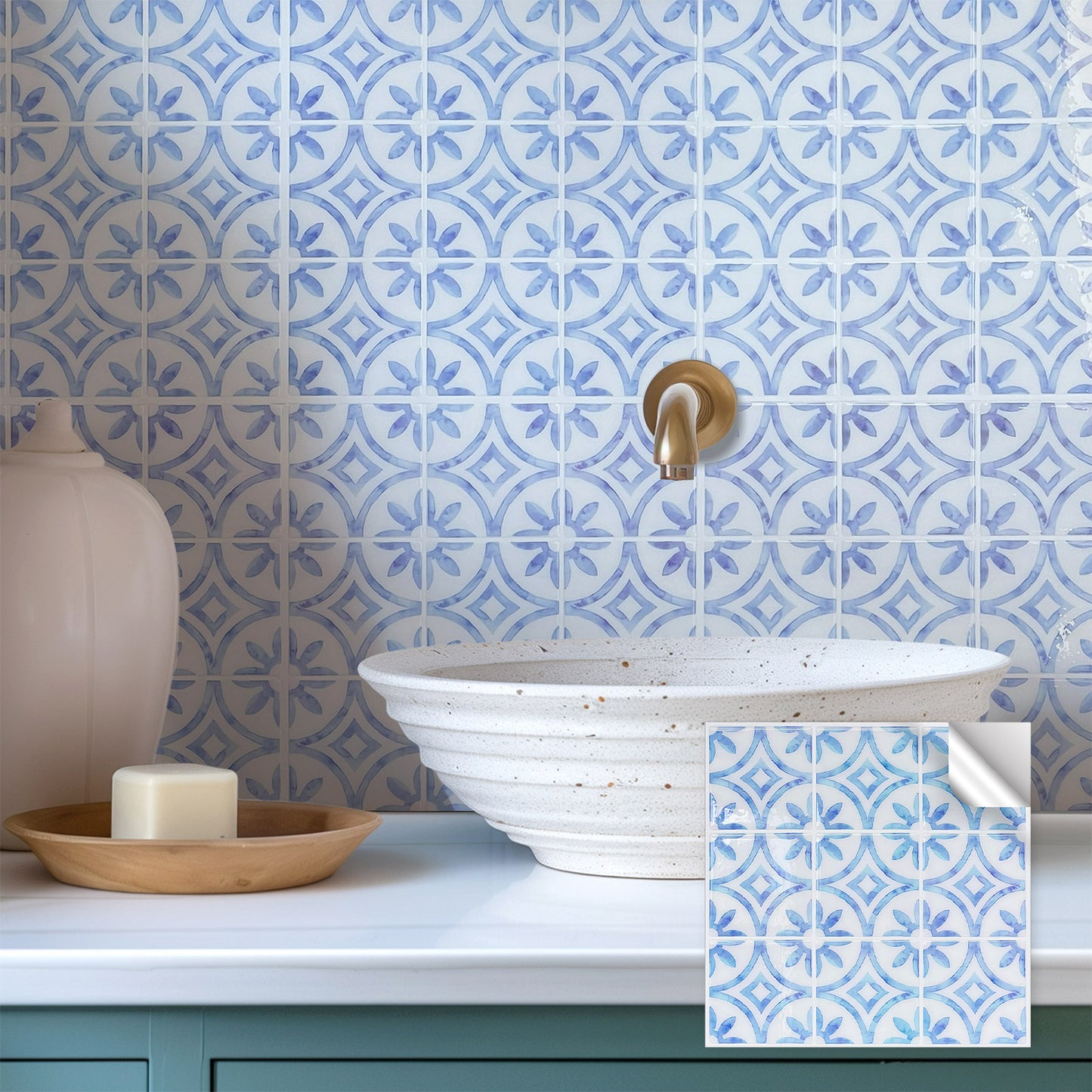 ADD.HERES Blue and White Porcelain Peel and Stick Backsplash Self-Adhesive 5 Sheets