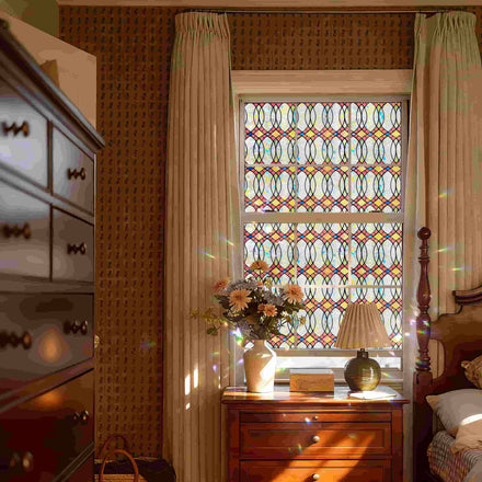 ADD.HERES Amber Flowing Light Stained Glass Window Film: Rainbow geometric static cling for bedroom decor and privacy.