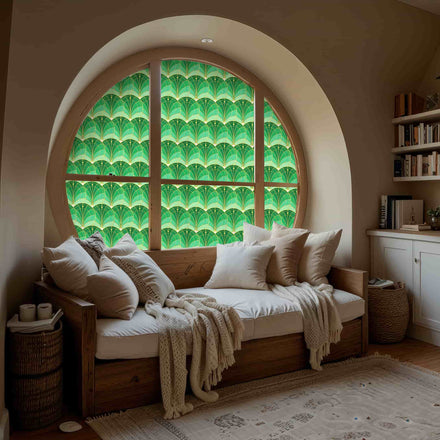 ADD.HERES Aqua Luster 3D Stained Glass Window Film: Vibrant green Art Deco privacy window film for arched windows.
