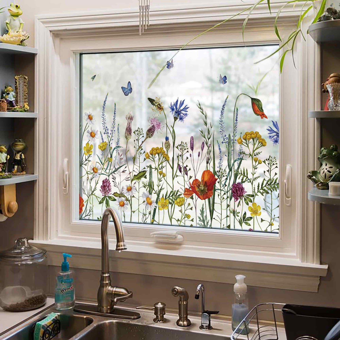 ADD.HERES Butterfly Among The Flowers 3D Stained Glass Window Film Static Cling