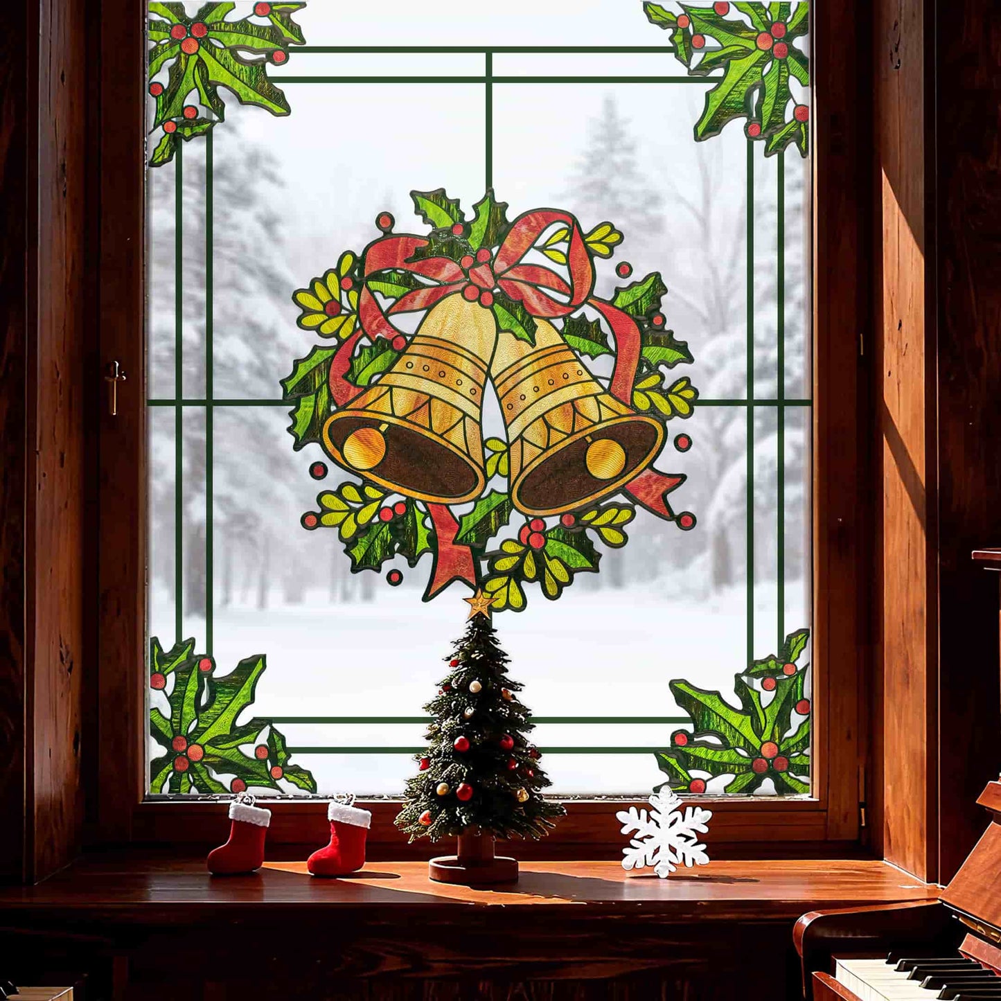 ADD.HERES Christmas Bells 3D Stained Glass Window Film Static Cling