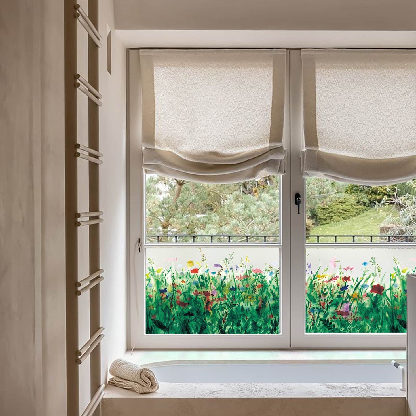 ADD.HERES Colorful Flower Field 3D Stained Glass Window Film Static Cling