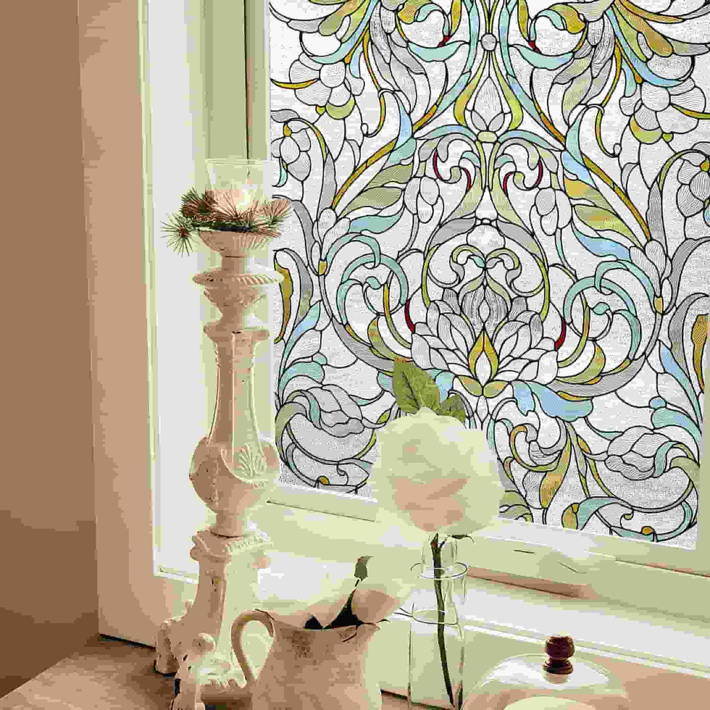 ADD.HERES Floral Path 3D Stained Glass Window Film Static Cling