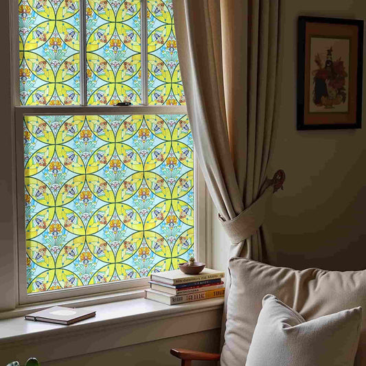 ADD.HERES Floral Sequence 3D Stained Glass Window Film: Vibrant yellow & blue boho privacy window film for living room.
