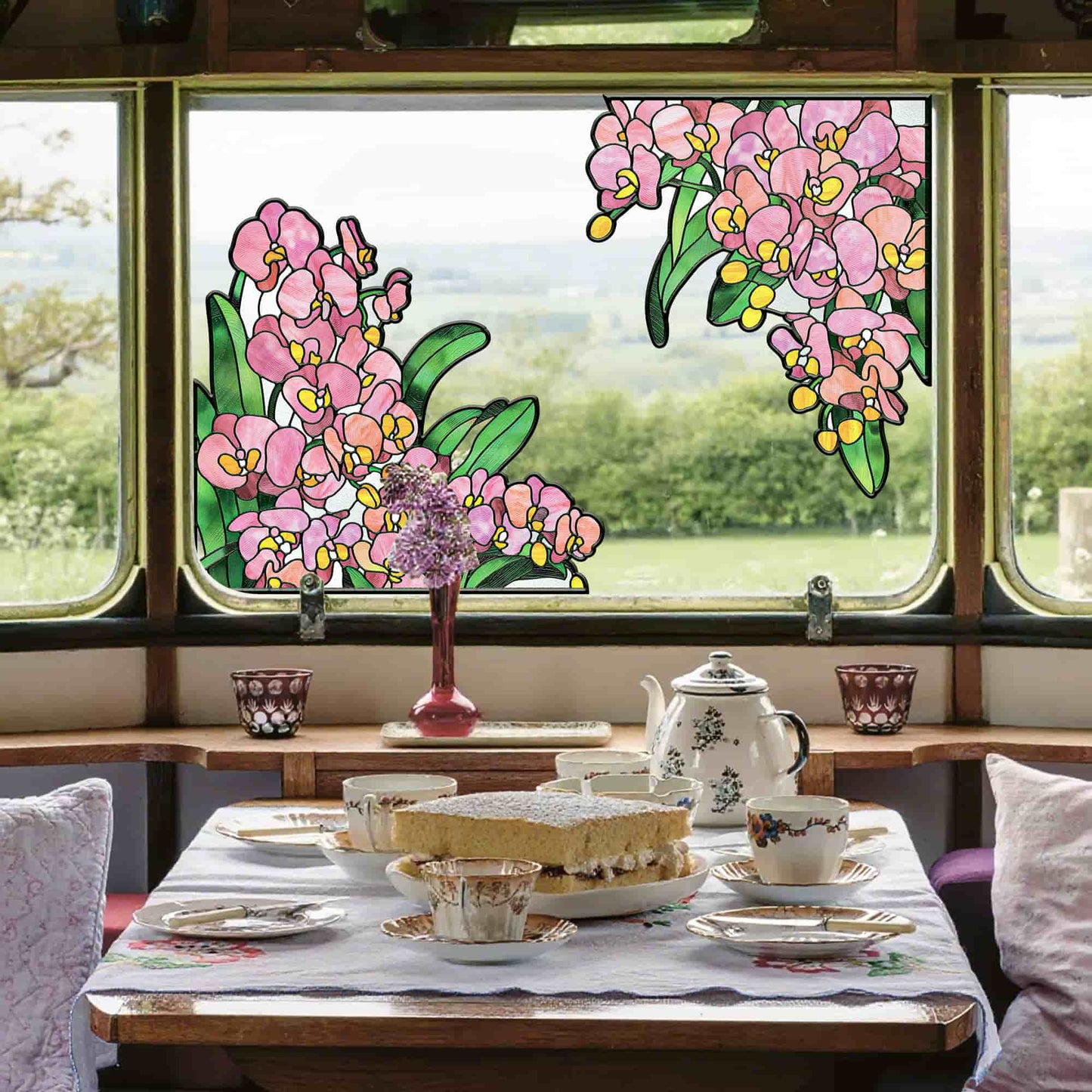 ADD.HERES Phalaenopsis 3D Stained Glass Window Film Static Cling