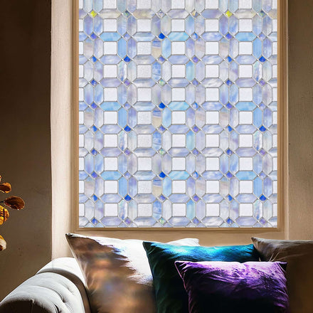Tanzanite 3D Stained Glass Window Film - Purple & blue jeweled privacy film for living rooms.
