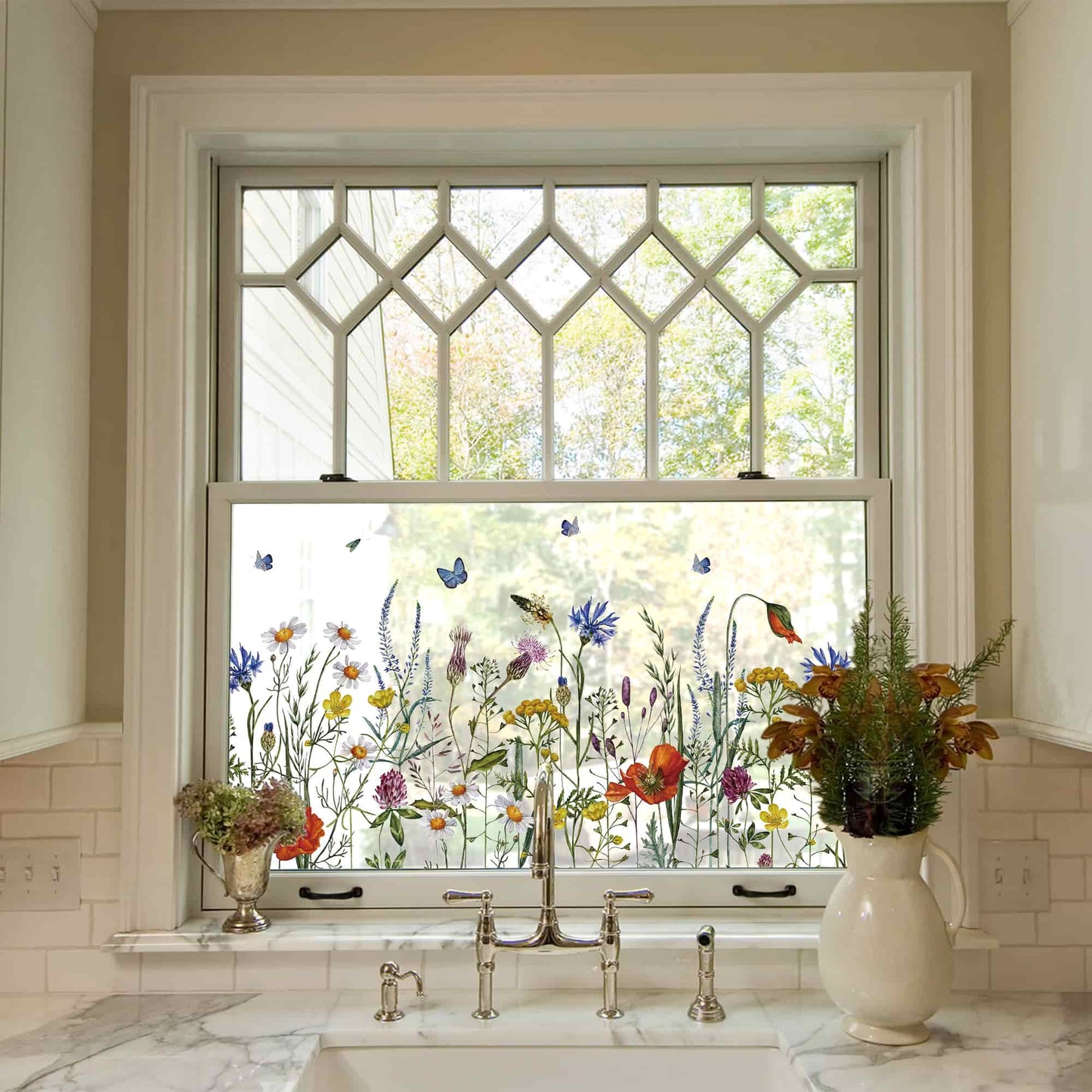 ADD.HERES Butterfly Among The Flowers 3D Stained Glass Window Film Static Cling