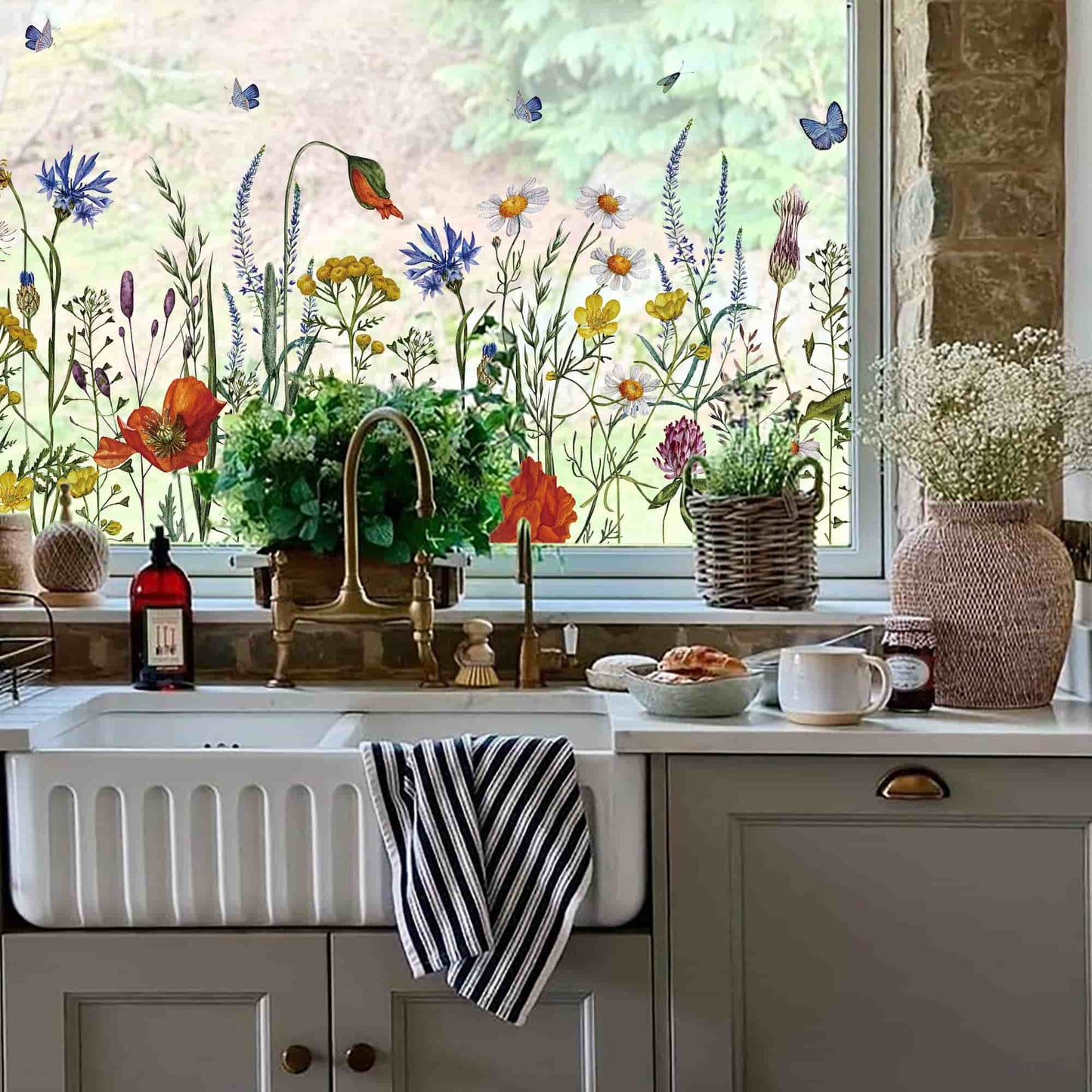 ADD.HERES Butterfly Among The Flowers 3D Stained Glass Window Film Static Cling