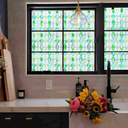 Colored Glazed 3D Stained Glass Window Film - Vibrant green & blue geometric privacy film for kitchen windows.
