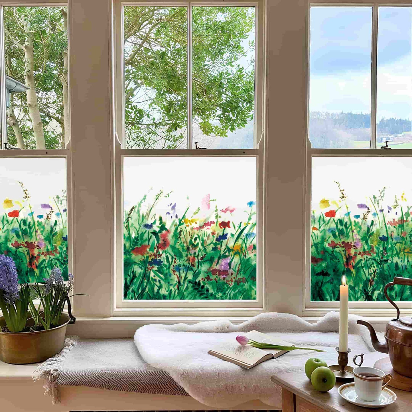 ADD.HERES Colorful Flower Field 3D Stained Glass Window Film Static Cling