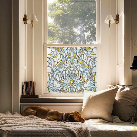 Floral Path 3D Stained Glass Window Film Static Cling, Decorative Vintage Floral Privacy Window Film, Non-Adhesive Iridescent Frosted Glass Sticker for Bedroom, Sunlight Diffusing Window Covering with Ornate Scroll Pattern
