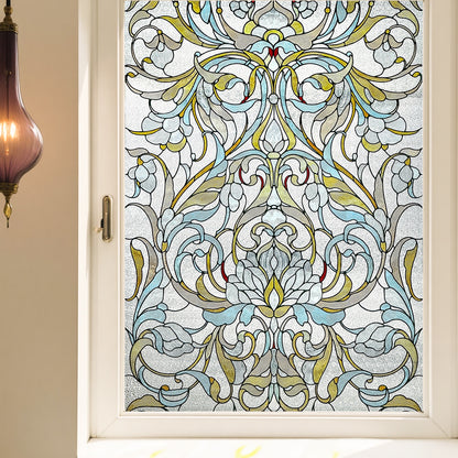Floral Path 3D Stained Glass Window Film Static Cling, Ornate Art Nouveau Floral Privacy Window Film, Non-Adhesive Iridescent Frosted Glass Sticker for Home, Decorative Vintage Stained Glass Window Covering for Doors & Windows