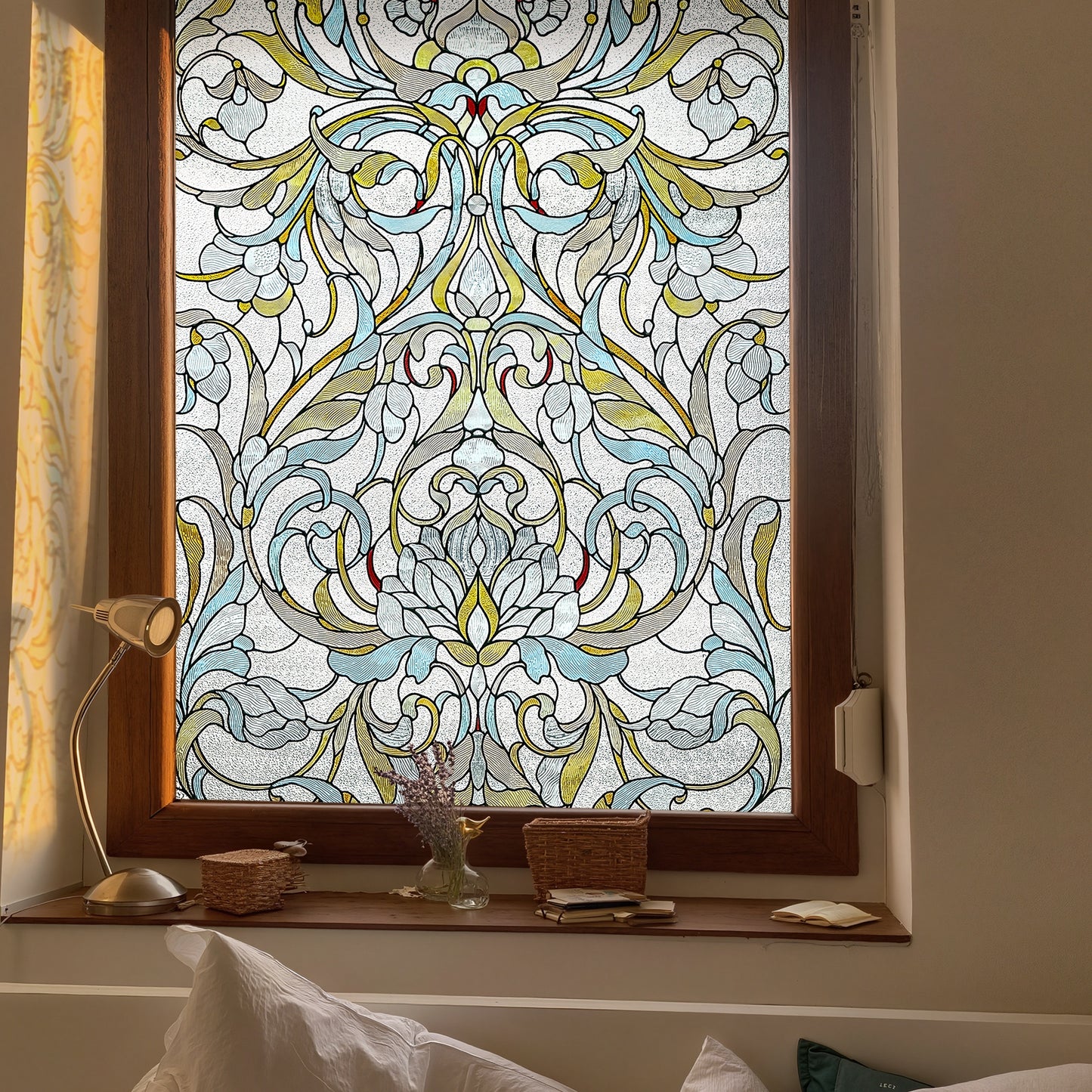 Floral Path 3D Stained Glass Window Film Static Cling, Ornate Art Nouveau Floral Privacy Window Film, Non-Adhesive Iridescent Frosted Glass Sticker for Bedroom, Decorative Vintage Stained Glass Window Covering for Home Windows