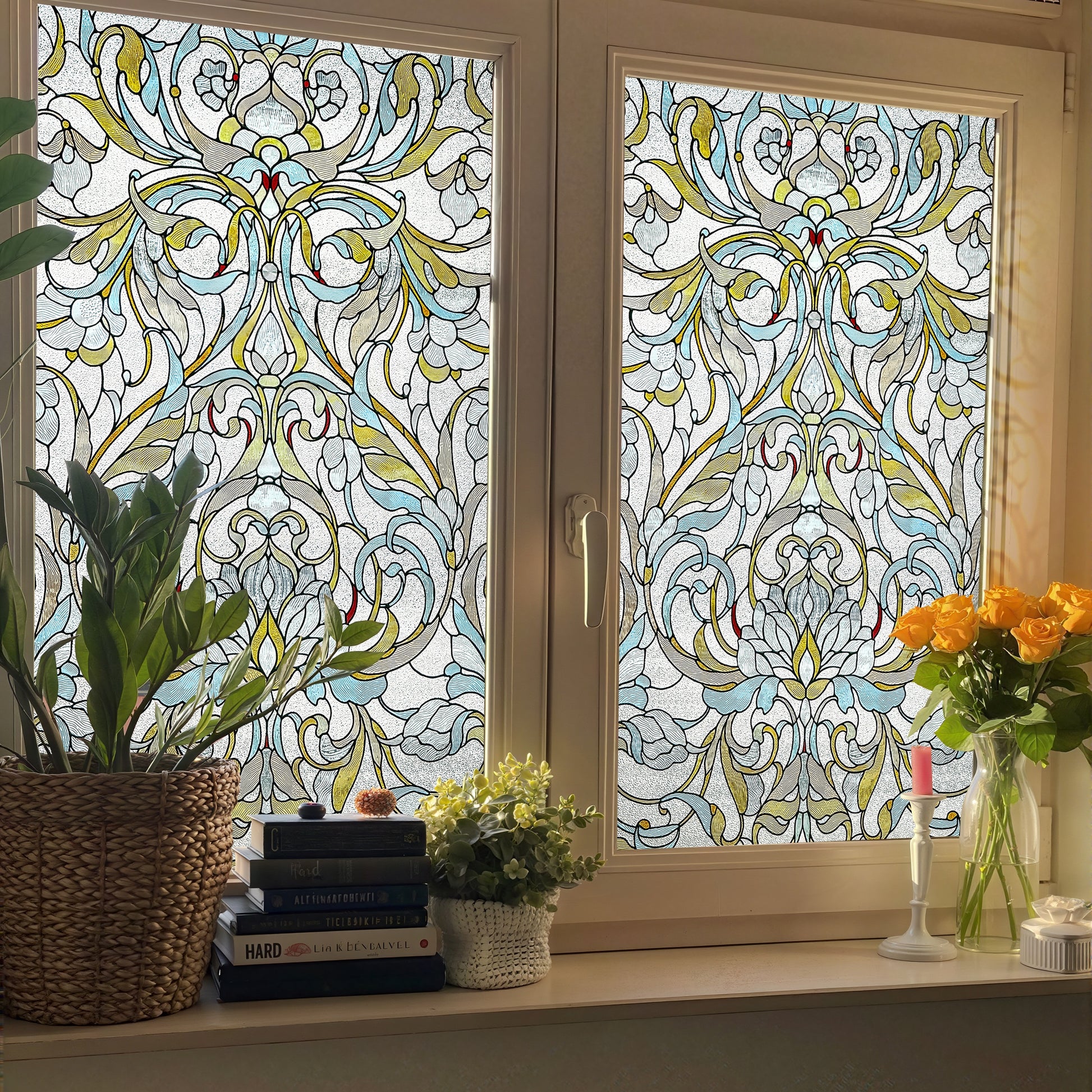 Floral Path 3D Stained Glass Window Film Static Cling, Ornate Baroque Floral Privacy Window Film for Double Hung Windows