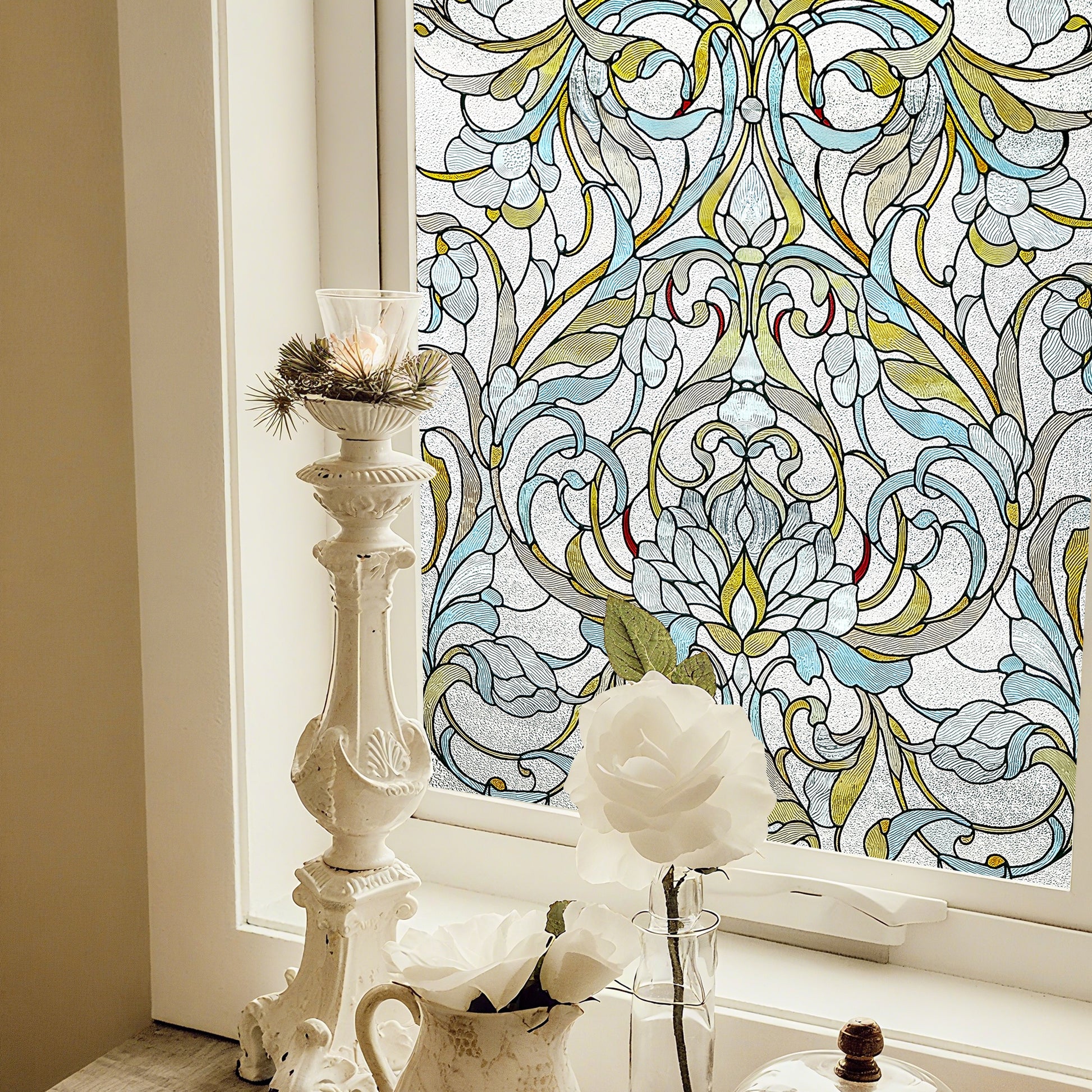 Floral Path 3D Stained Glass Window Film Static Cling - Ornate vintage floral privacy film for home windows.