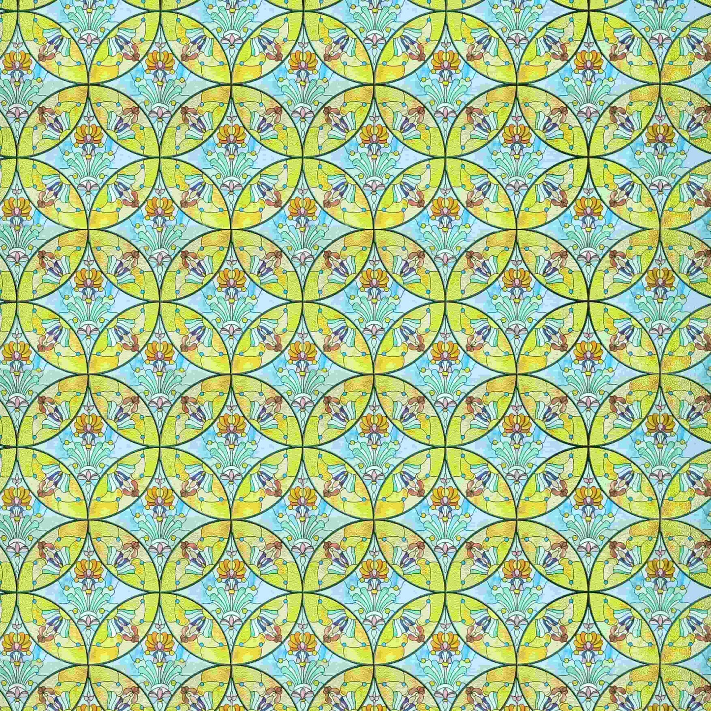 ADD.HERES Floral Sequence 3D Stained Glass Window Film: Vibrant yellow & blue boho privacy window film.