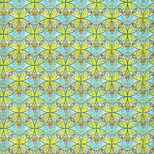 ADD.HERES Floral Sequence 3D Stained Glass Window Film: Vibrant yellow & blue boho privacy window film.