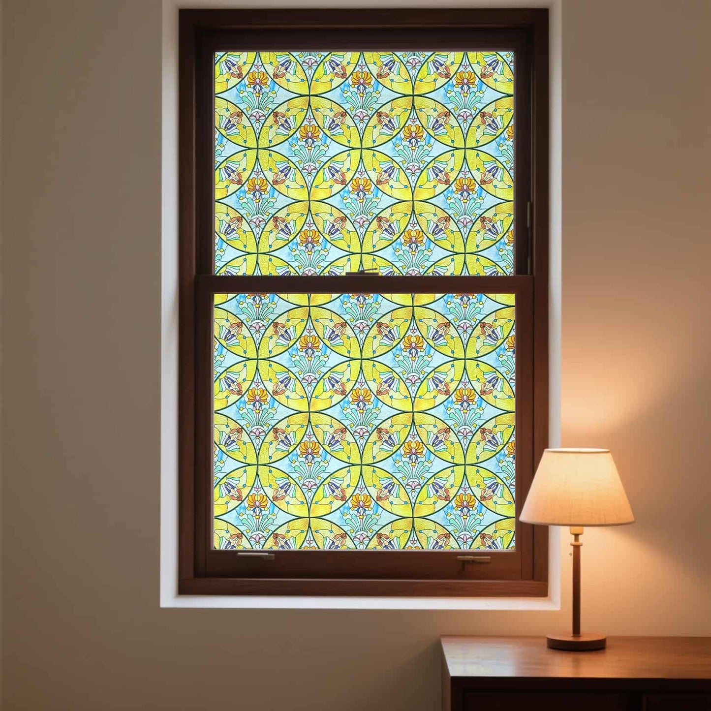 ADD.HERES Floral Sequence 3D ADD.HERES Floral Sequence 3D Stained Glass Window Film: Vibrant yellow & blue boho privacy window film for bedroom.
