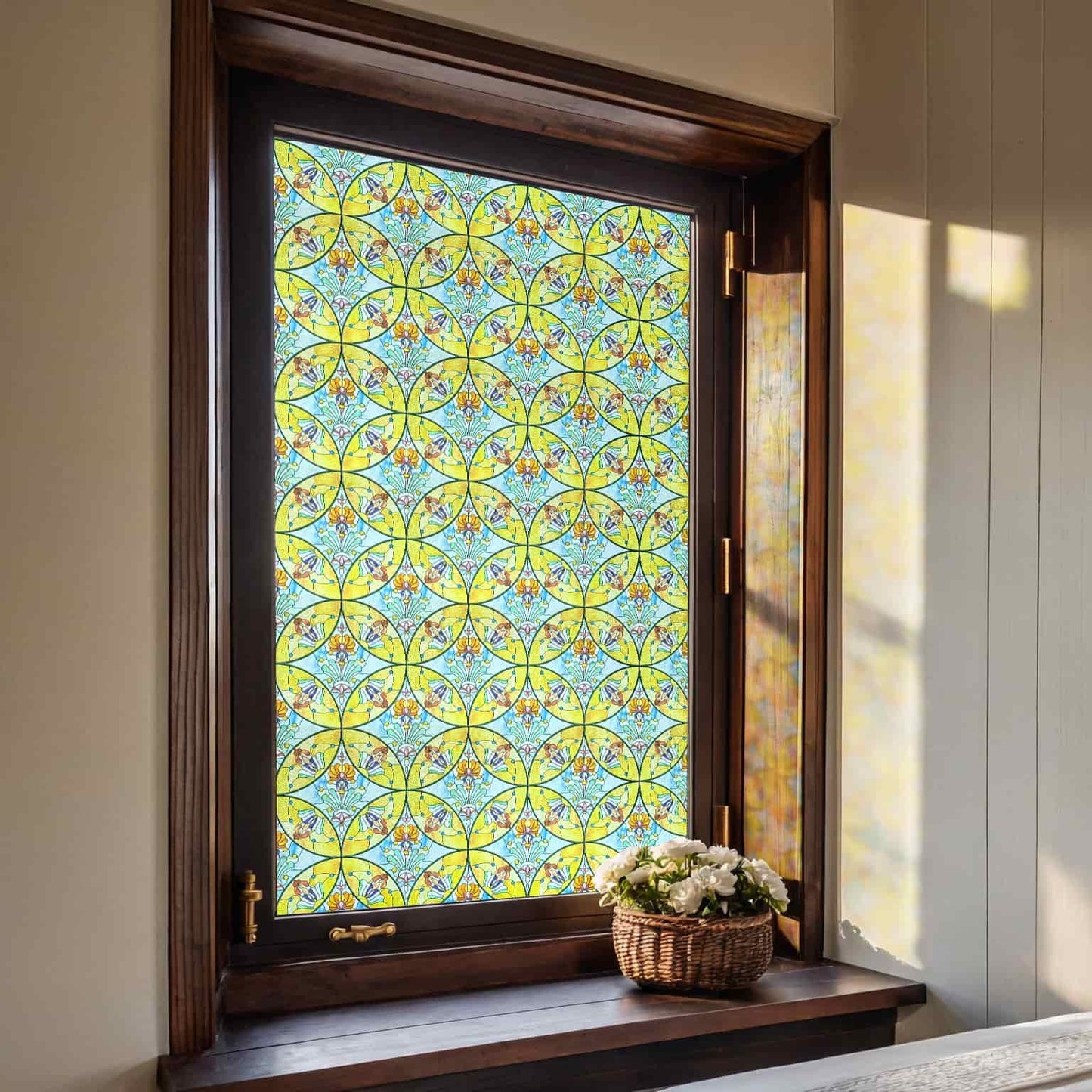 ADD.HERES Floral Sequence 3D Stained Glass Window Film: Vibrant yellow & blue boho privacy window film for casement windows.
