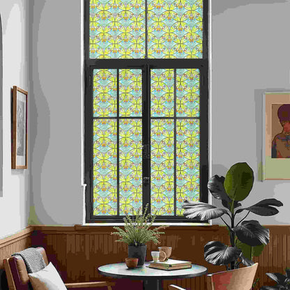 ADD.HERES Floral Sequence 3D Stained Glass Window Film: Vibrant yellow & blue boho privacy window film for cafe commercial windows.