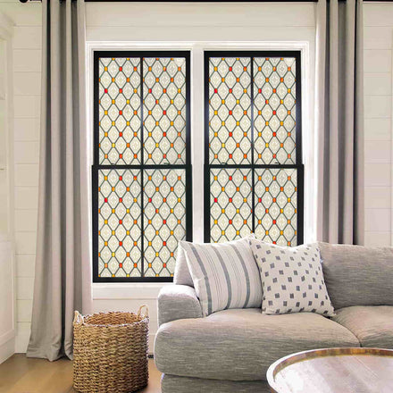 Gothic Diamond 3D Stained Glass Window Film: Vintage geometric privacy window film for living room.
