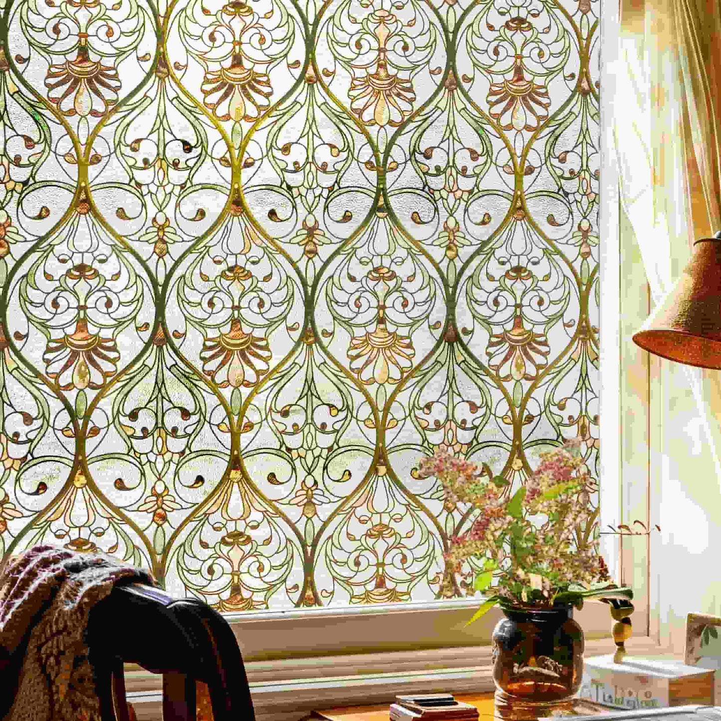 ADD.HERES Honeysuckle Ogee 3D Stained Glass Window Film Static Cling