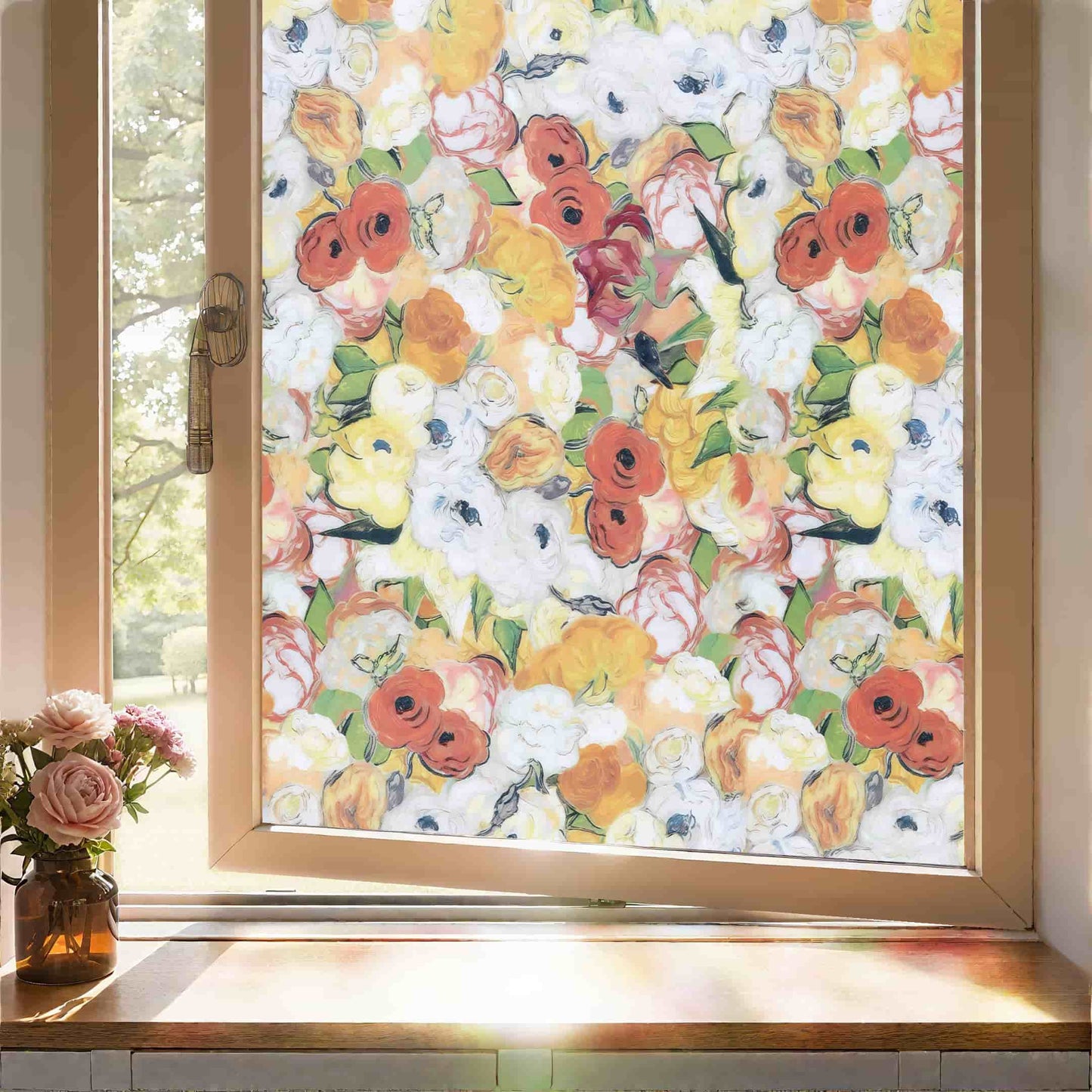 ADD.HERES Oil Painting Flowers 3D Stained Glass Window Film Static Cling