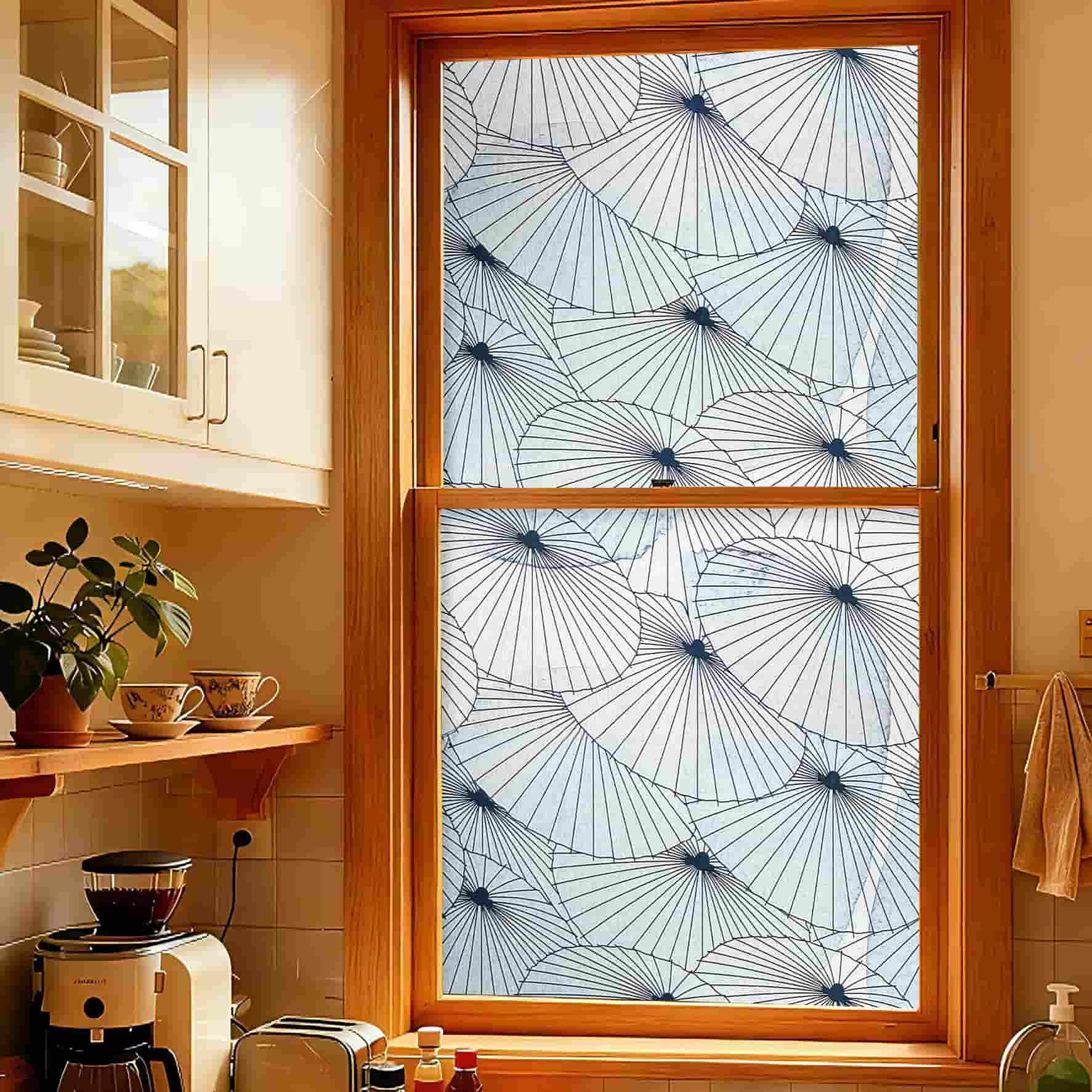 Paper Umbrella 3D Stained Glass Window Film: Indigo blue & white dandelion privacy window film for kitchen.